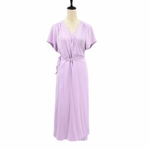 Halogen Lilac Pastel Solid Purple Flutter Sleeve Simple Classic Wrap Midi Dress